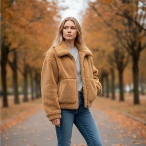 Urban Outfitters UO Cropped Teddy Jacket Fleece Deep Pile Sherpa Brown‎ Size XS